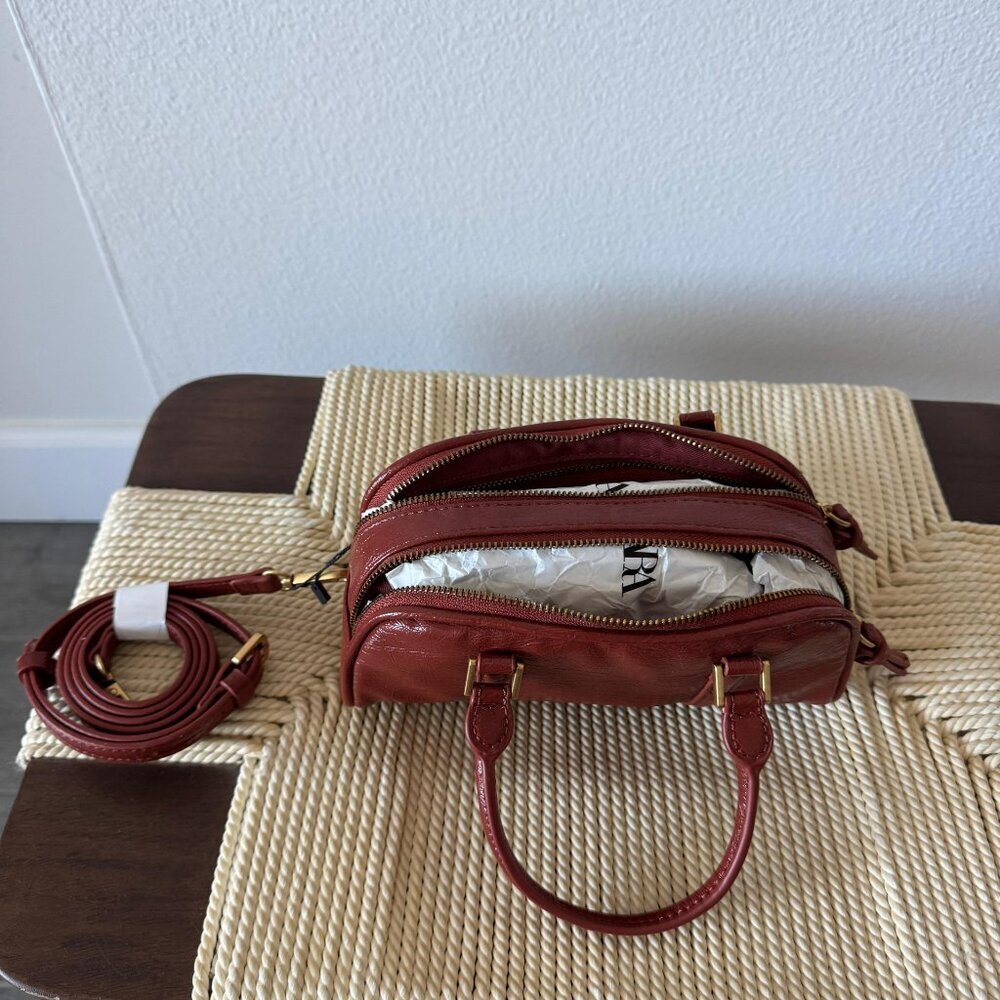 Zara Mini Leather Barrel Bag • Red Brown • Double Zip • Crossbody - Picture 9 of 9